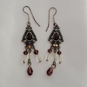 Boho Antique Gold Dangling Earrings With Purple & Clear Beads Teardrop Design Ho